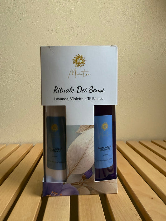 Kit rituale dei sensi - bagnoschiuma e crema idratante corpo al profumo di lavanda, violetta e tè bianco